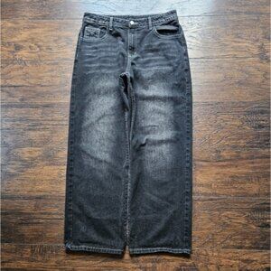 Vintage 90s Black Washed Baggy Wide Leg Jeans Contrast Stitching Size 32